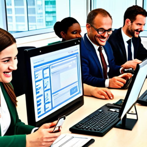 Digital Public Administration**

Prompt: *Modern government office, diverse people using computers and smartphones, online forms, data visualizations, smiling citizens, bright and efficient atmosphere, keywords: "digitalization, efficiency, transparency, accessibility," focus on ease of use.*

**