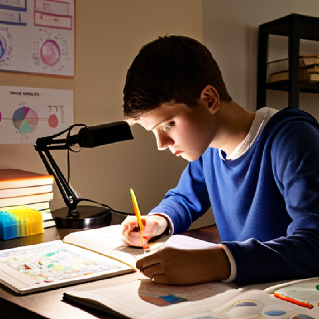 **Prompt:** A student intensely studying, surrounded by books and notes, illuminated by a desk lamp, incorporating mind maps and color-coded highlighters, with a visible SWOT analysis chart in the background. Emphasize focus and determination.