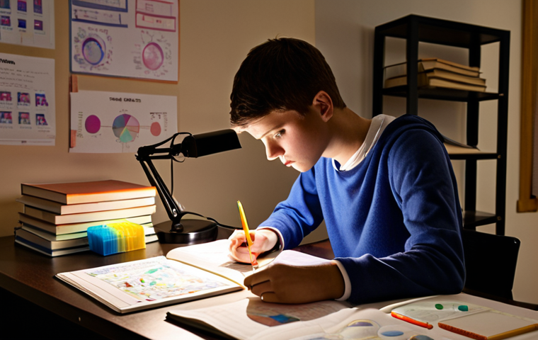 **Prompt:** A student intensely studying, surrounded by books and notes, illuminated by a desk lamp, incorporating mind maps and color-coded highlighters, with a visible SWOT analysis chart in the background. Emphasize focus and determination.