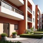 **

Prompt: Modern Spanish apartment building exterior, showcasing well-maintained communal areas like a garden or courtyard. Sunlight. Depict a sense of community and responsible property management. Focus on visual appeal and cleanliness. Include subtle elements that suggest the use of online management platforms, such as a QR code visible near an entrance.

**