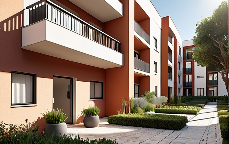 **

Prompt: Modern Spanish apartment building exterior, showcasing well-maintained communal areas like a garden or courtyard. Sunlight. Depict a sense of community and responsible property management. Focus on visual appeal and cleanliness. Include subtle elements that suggest the use of online management platforms, such as a QR code visible near an entrance.

**