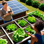 **

A diverse group of neighbors are gathered in a community garden, planting vegetables together. Solar panels are visible on the roof of the nearby building. Some neighbors are using a mobile app on their phones, while others are talking face-to-face. The scene should convey a sense of collaboration, sustainability, and community engagement.

**