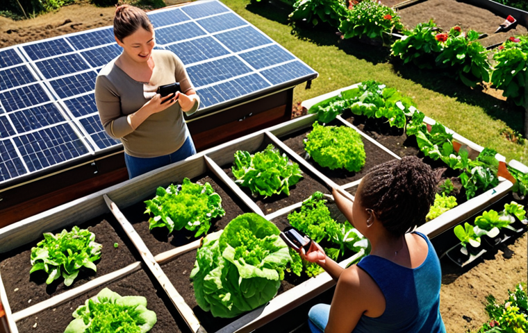 **

A diverse group of neighbors are gathered in a community garden, planting vegetables together. Solar panels are visible on the roof of the nearby building. Some neighbors are using a mobile app on their phones, while others are talking face-to-face. The scene should convey a sense of collaboration, sustainability, and community engagement.

**