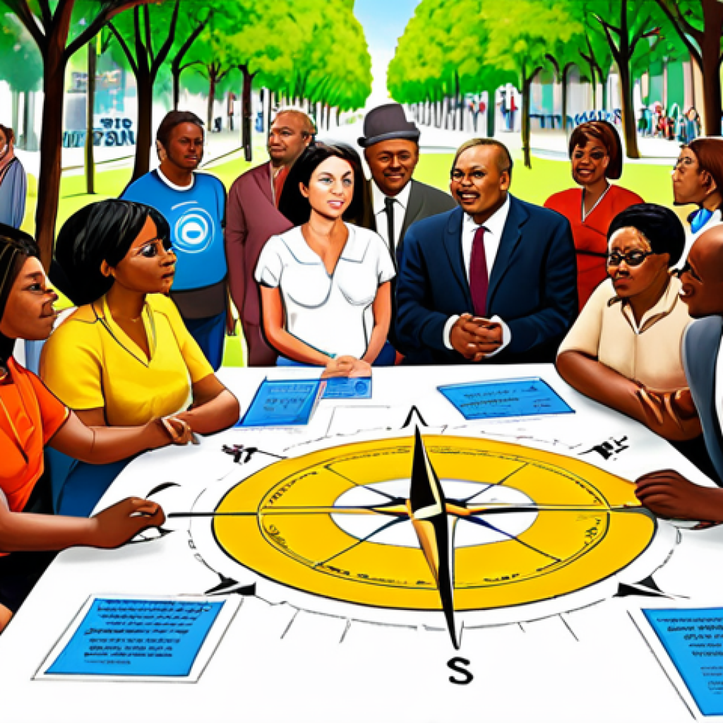 A vibrant, overhead digital painting depicting a diverse group of citizens, community leaders, and public officials gathered in a modern, inviting public park or community center. They are engaged in an open, empathetic dialogue, actively listening, sharing ideas, and pointing at project blueprints spread on a table. The scene subtly highlights the complexity of "crossed interests" through varied expressions and a gentle visual representation of connecting different viewpoints, yet also emphasizes the success of "dialogue as a fundamental tool" in building consensus. A stylized compass subtly integrated into the scene points towards a shared, positive future, symbolizing the "compass of commitment." The overall atmosphere is collaborative, hopeful, and community-driven, with natural light.
