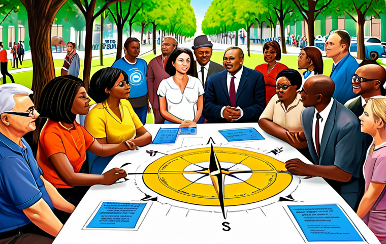 A vibrant, overhead digital painting depicting a diverse group of citizens, community leaders, and public officials gathered in a modern, inviting public park or community center. They are engaged in an open, empathetic dialogue, actively listening, sharing ideas, and pointing at project blueprints spread on a table. The scene subtly highlights the complexity of "crossed interests" through varied expressions and a gentle visual representation of connecting different viewpoints, yet also emphasizes the success of "dialogue as a fundamental tool" in building consensus. A stylized compass subtly integrated into the scene points towards a shared, positive future, symbolizing the "compass of commitment." The overall atmosphere is collaborative, hopeful, and community-driven, with natural light.