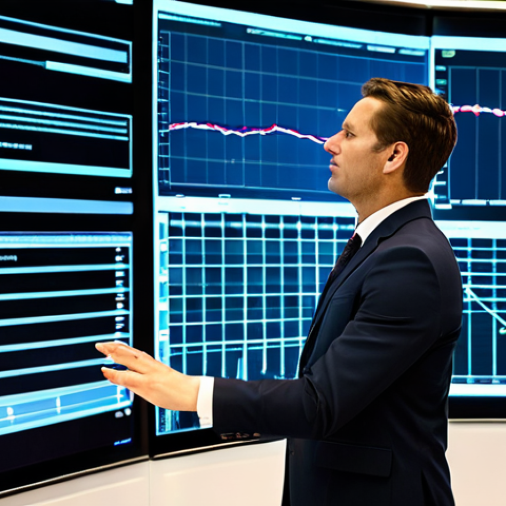 A professional public manager in a modest business suit, standing confidently in a modern, high-tech government office. The manager is looking at a large, interactive digital screen displaying complex data visualizations and strategic plans, with one hand subtly gesturing towards the display. The environment is clean and organized, emphasizing innovation and forward-thinking. fully clothed, safe for work, appropriate content, professional, perfect anatomy, correct proportions, natural pose, well-formed hands, proper finger count, natural body proportions, professional photography, high quality.