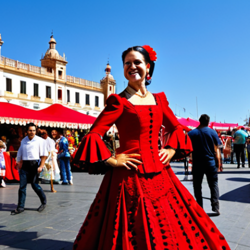 Home 25 **
A vibrant street scene in Seville, Spain, during the Feria de Abril. A woman in a traditional flamenco dress (traje de gitana), fully clothed and in appropriate attire, smiles radiantly. Colorful casetas (tents) line the background, with people enjoying food and music. Safe for work, family-friendly, perfect anatomy, natural pose, high quality.
**