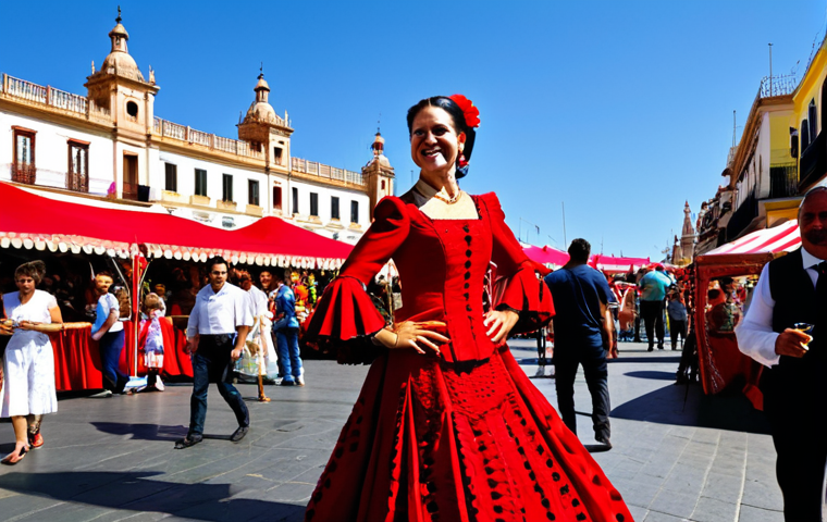 **

A vibrant street scene in Seville, Spain, during the Feria de Abril. A woman in a traditional flamenco dress (traje de gitana), fully clothed and in appropriate attire, smiles radiantly. Colorful casetas (tents) line the background, with people enjoying food and music. Safe for work, family-friendly, perfect anatomy, natural pose, high quality.

**