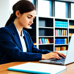 **

A diligent student, fully clothed in modest attire, is working at a tidy desk in a bright, modern library. Books are neatly stacked, and a laptop glows softly. The atmosphere is peaceful and conducive to study, appropriate content, perfect anatomy, natural proportions, professional quality.

**