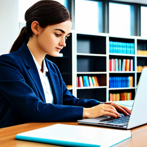 Home 24 **
A diligent student, fully clothed in modest attire, is working at a tidy desk in a bright, modern library. Books are neatly stacked, and a laptop glows softly. The atmosphere is peaceful and conducive to study, appropriate content, perfect anatomy, natural proportions, professional quality.
**