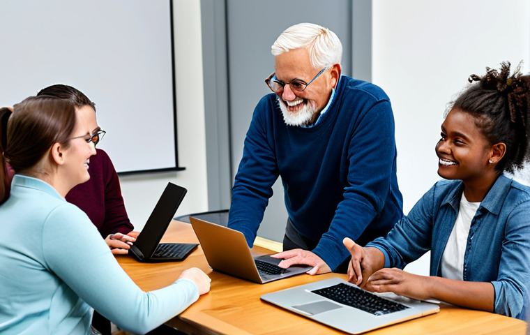 Community Meeting - Digital Inclusion**

"A diverse group of fully clothed vecinos (neighbors) are gathered in a well-lit community room, discussing ways to improve digital communication. Some are using laptops, others are chatting with tablets. An older gentleman is being patiently assisted by a younger woman. The scene is friendly and inclusive. Safe for work, appropriate content, professional setting, modest clothing, perfect anatomy, natural proportions, family-friendly, well-formed hands."

**