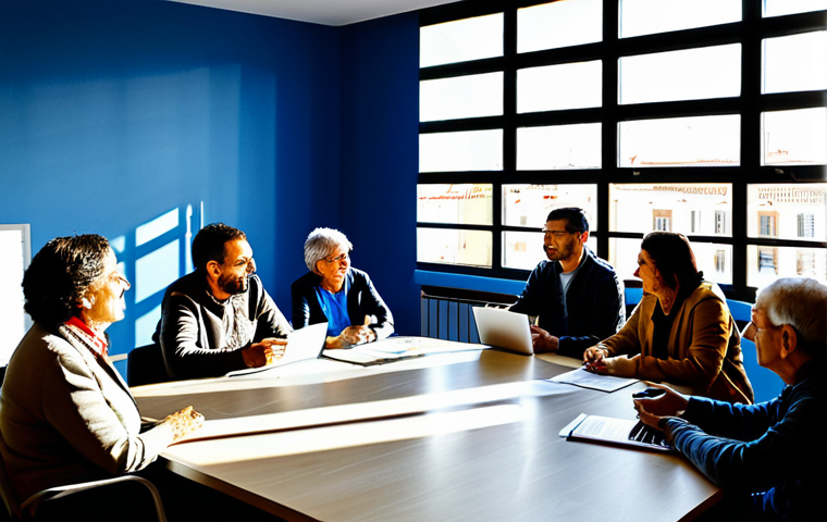 공공관리사와 관련된 산업 동향 - Modern Community Meeting**
"A brightly lit community meeting room in Madrid, Spain. Residents are s...