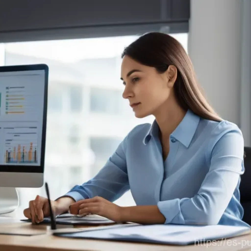 공공관리사 직무 만족도 설문 조사 - **Prompt**: A modern government office setting. A female public servant, mid-30s, is seated at a cle...