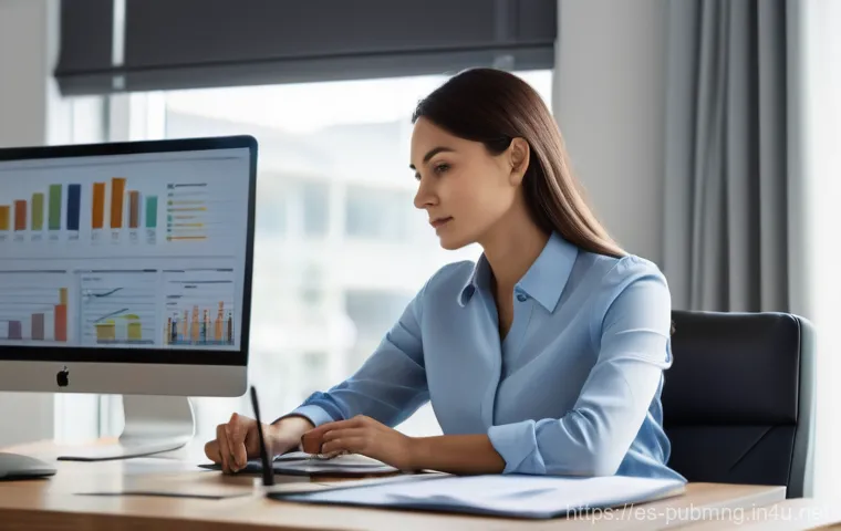 공공관리사 직무 만족도 설문 조사 - **Prompt**: A modern government office setting. A female public servant, mid-30s, is seated at a cle...