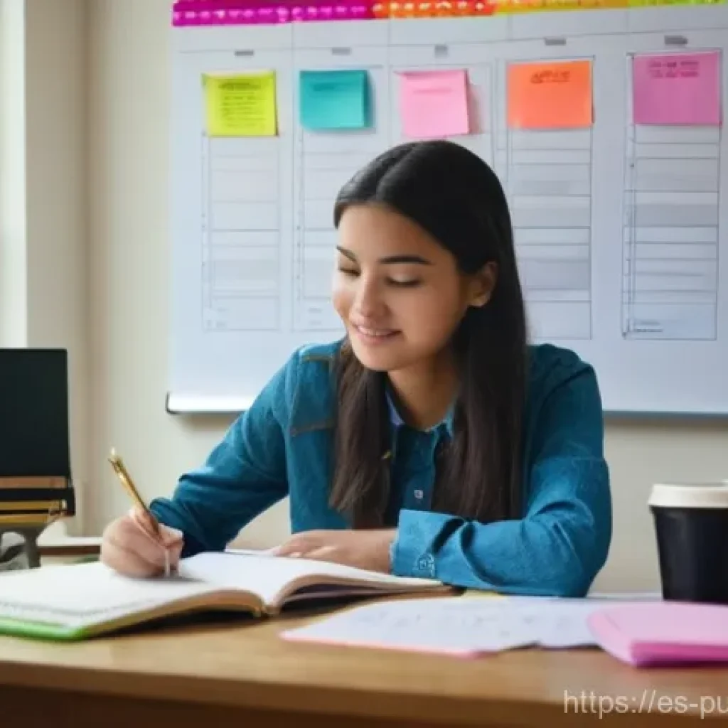 공공관리사 시험 스터디 방법 추천 - A diligent young woman in her early 20s, with a determined yet hopeful expression, sits at a well-li...
