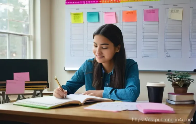 공공관리사 시험 스터디 방법 추천 - A diligent young woman in her early 20s, with a determined yet hopeful expression, sits at a well-li...