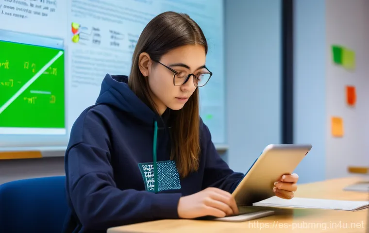 공공관리사 시험 스터디 방법 추천 - A diligent young woman in her early 20s, with a determined yet hopeful expression, sits at a well-li...