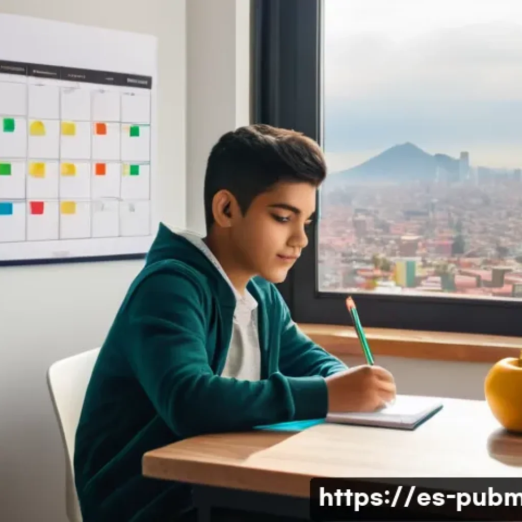 공공관리사 시험 합격생 인터뷰 - A young Hispanic student sitting at a tidy wooden desk in a bright, cozy study room with a large win...