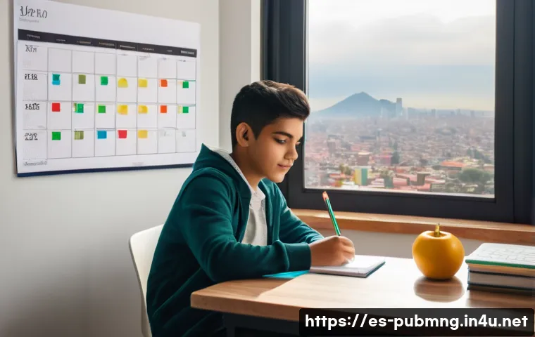 공공관리사 시험 합격생 인터뷰 - A young Hispanic student sitting at a tidy wooden desk in a bright, cozy study room with a large win...