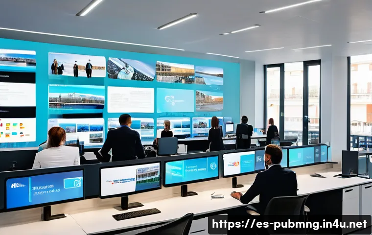 공공관리사 실무에서의 주요 문제와 해결 방법 - A modern public administration office in a vibrant Spanish city, with diverse government employees w...