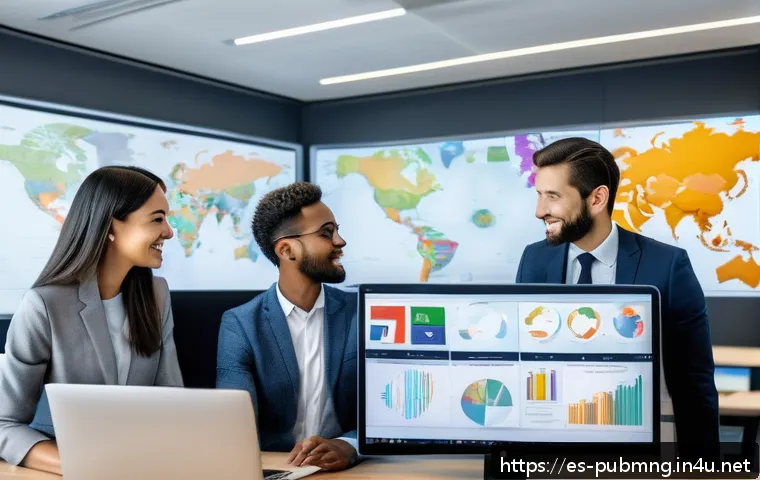 공공관리사 자격증으로 가능한 글로벌 직무 영역 - A professional multicultural team in a modern international office environment, collaborating on a d...