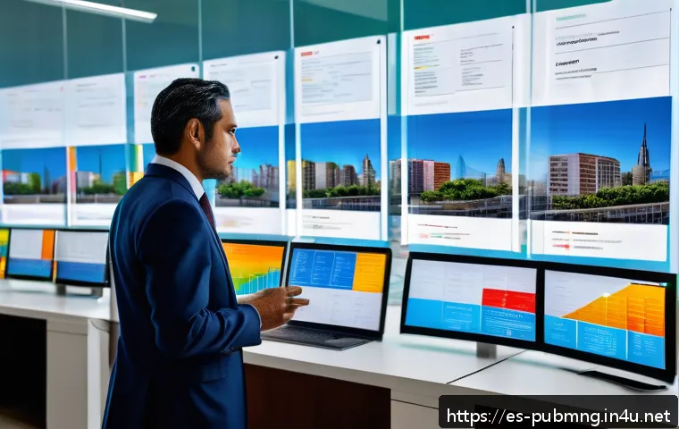 공공관리사 이론 과목별 요약 - A modern public administration office scene in a vibrant Latin American city, featuring diverse gove...