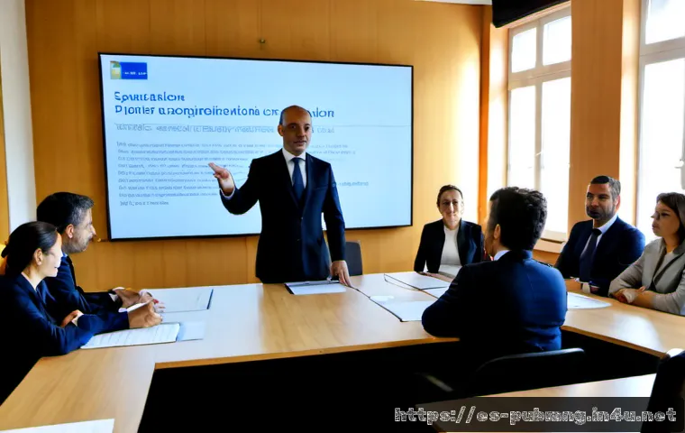 공공관리사 관련 세미나 및 워크숍 - Photorealistic public administration seminar in a modern municipal conference room in Spain, diverse...